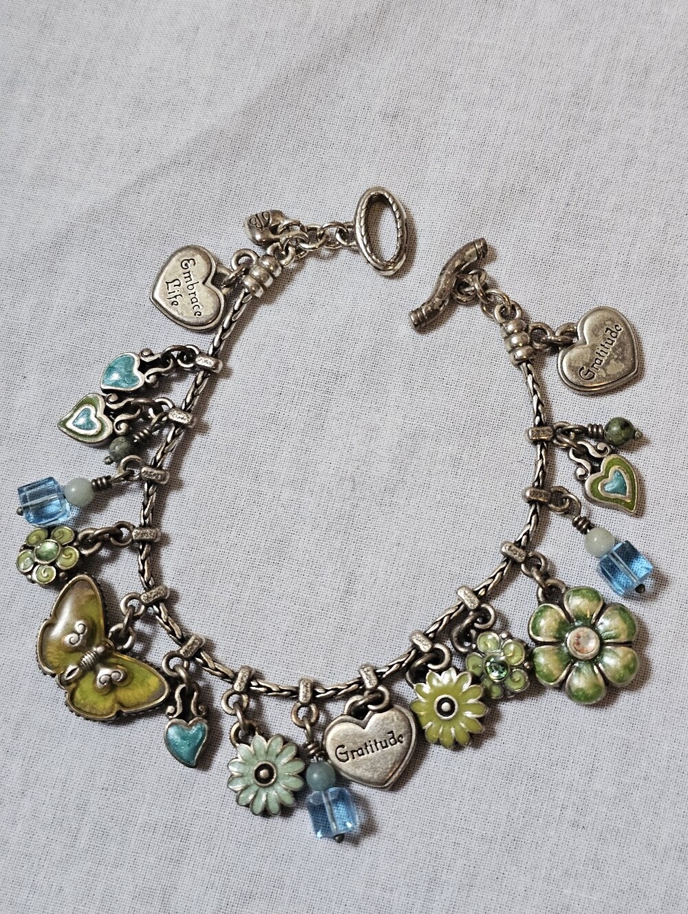Retired Brighton Embrace Life Gratitude Butterfly Charm Bracelet Floral Hearts - Picture 12 of 13